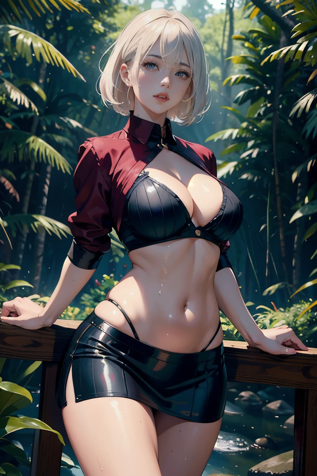 HDR,UHD,8K,A woman with plump lips, shiny skin, medium platinum blonde with midnight blue highlights hair, D cup breast,wet clothes, wearing a sheer burgundy shirt, wearing a high waisted black ribbed skirt, (forest background),  full body