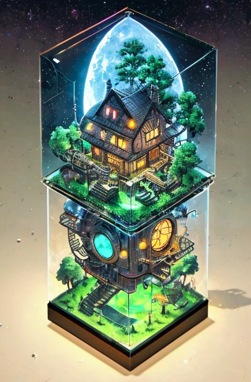 Very detailed, 8K sci-fi wallpaper, Glass box, kadinsky style, IsometricCutaway, Isometric view,  Surrounded by trees and moon in the sky, A tree house，There is a tower and a staircase inside, subsurface scattering, specular highlight, dark theme, The art of artgerm,  Earth-QualityPos NeonLighting NeonLightingScene