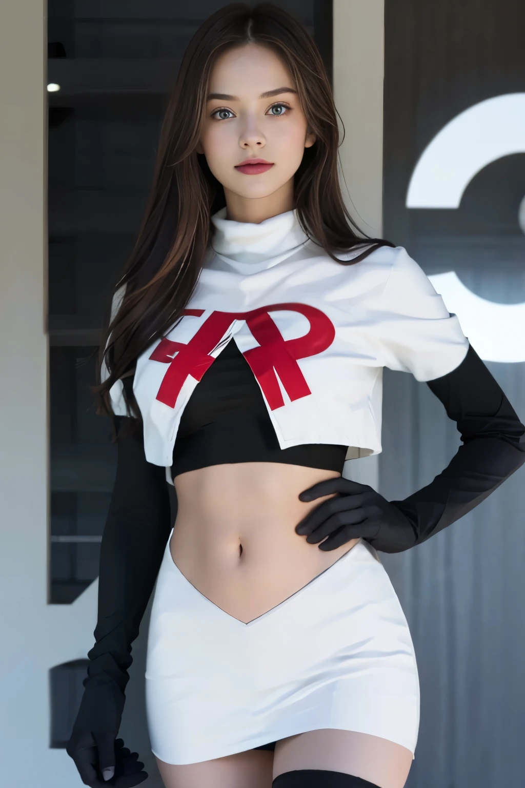 epic realistic, kristinapimenova, 18yo women wearing wearing team rocket,team rocket uniform,white skirt,red letter R,crop top,black thigh-highs,black elbow gloves,
