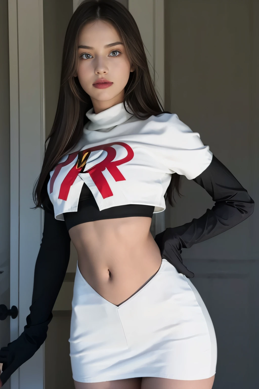 epic realistic, kristinapimenova,  18yo women wearing wearing team rocket,team rocket uniform,white skirt,red letter R,crop top,black thigh-highs,black elbow gloves,