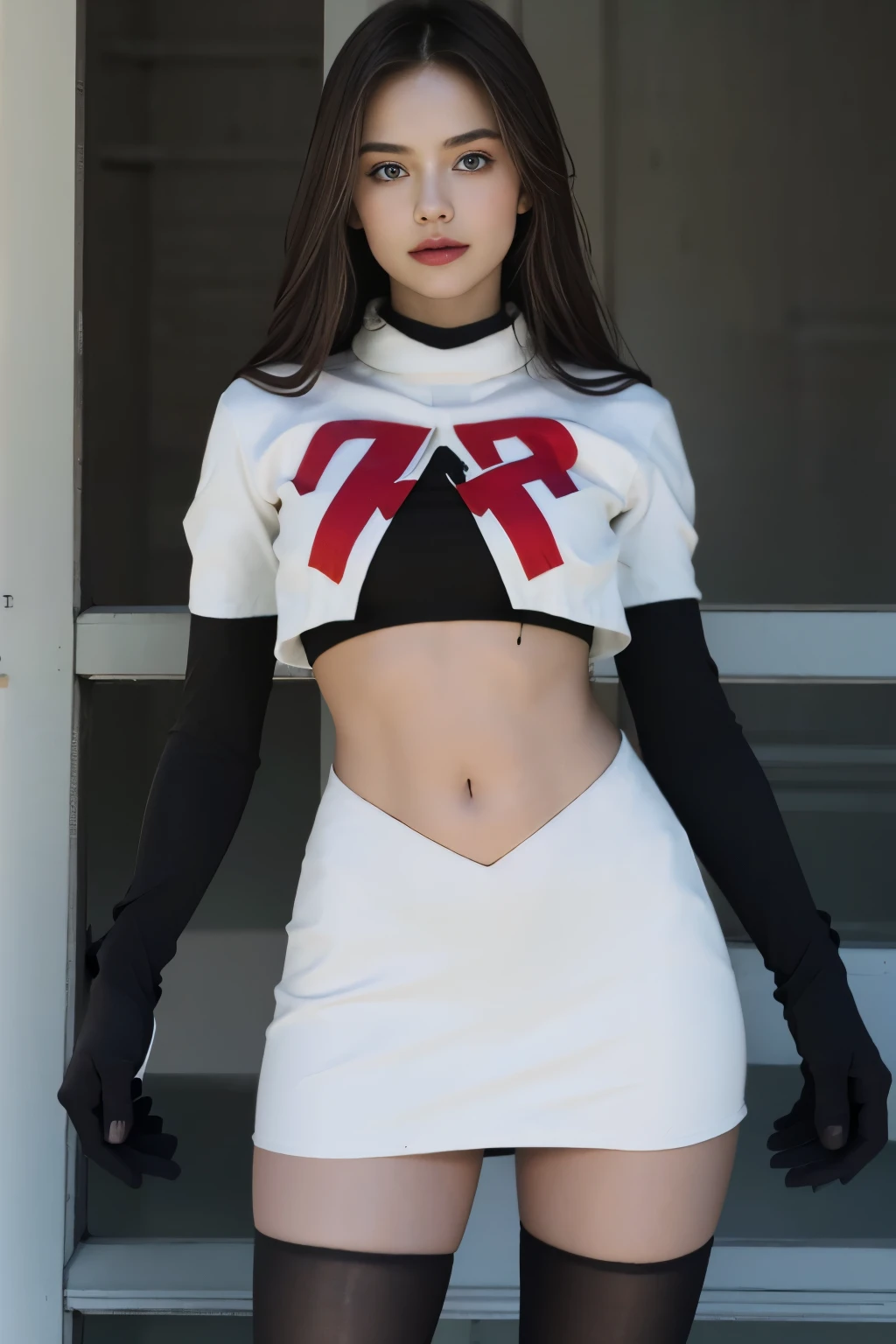 epic realistic, kristinapimenova, 18yo women wearing wearing team rocket,team rocket uniform,white skirt,red letter R,crop top,black thigh-highs,black elbow gloves,