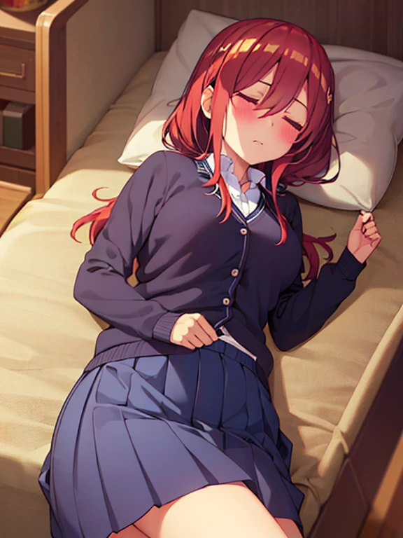 masterpiece, best quality, high resolution, 
(sleeping girl and cat), Lying on bed,1cat, fetal position, closed_eyes, 
school uniform, ミニスカート,白いパンティー,
top view, bed_sheet,add_detail:1,パンティー見えてる,