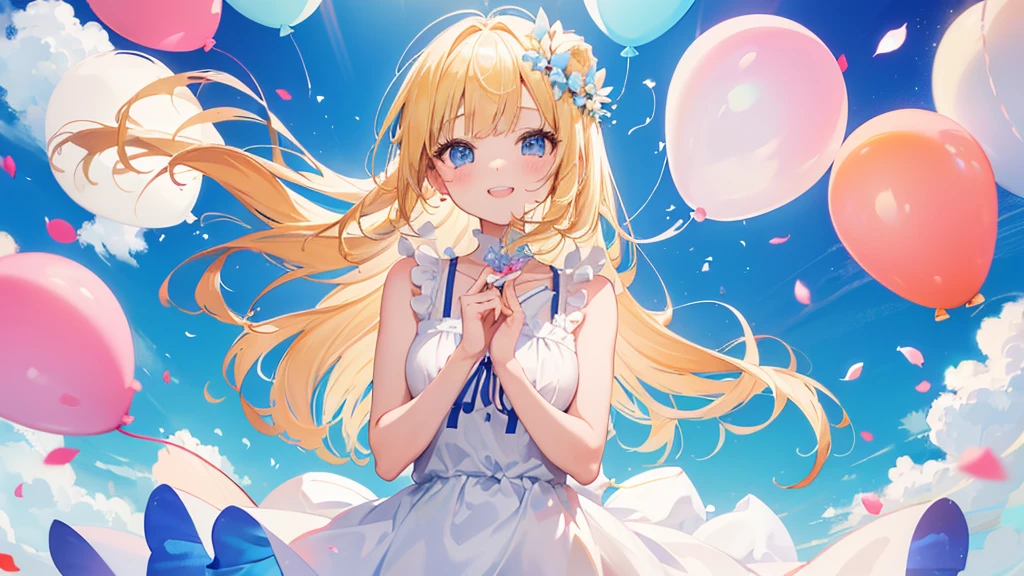 (face, 1 girl, blonde hair, blue eyes, white sundress, smile, double teeth, kawaii), (fluttering petals, colorful balloons, celebration, congratulation)