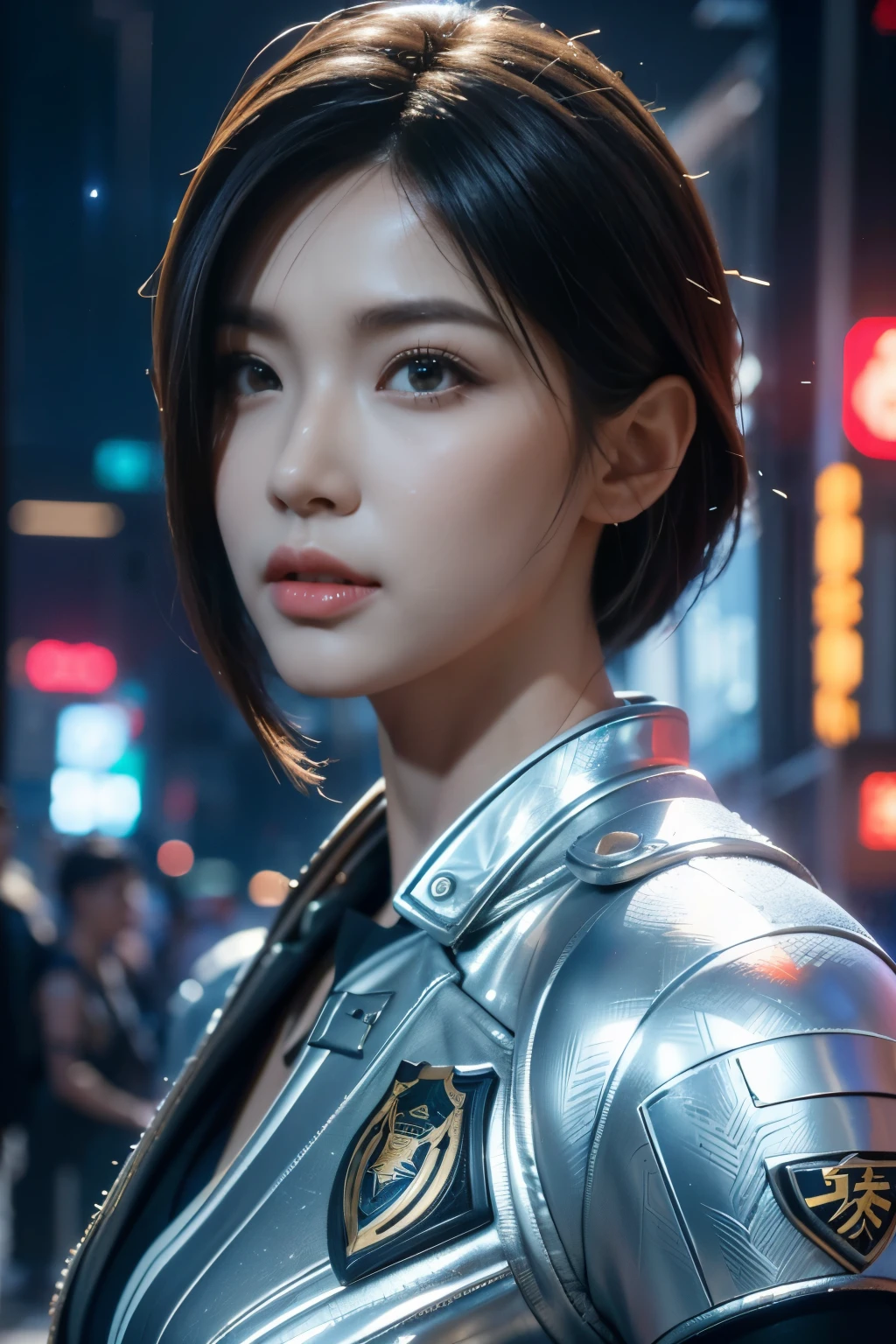 Game art，The best picture quality，Highest resolution，8K，((A bust photograph))，((Portrait))，(Rule of thirds)，Unreal Engine 5 rendering works， (The Girl of the Future)，(Female Warrior)， 22岁少女，(Female hackers)，(White short hair，Long hair casual)，(A beautiful eye full of detail)，(Big breasts)，(Eye shadow)，优雅迷人，冷漠，((惊讶))，(Battle wear full of futuristic tech，Clothing combines futuristic power armor and police uniforms，The garments are adorned with glittering patterns and badges)，赛博朋克人物，未来风格， 拍照姿势，城市背景，Movie lights，Ray tracing，Game CG，((3D Unreal Engine))，oc渲染反射纹