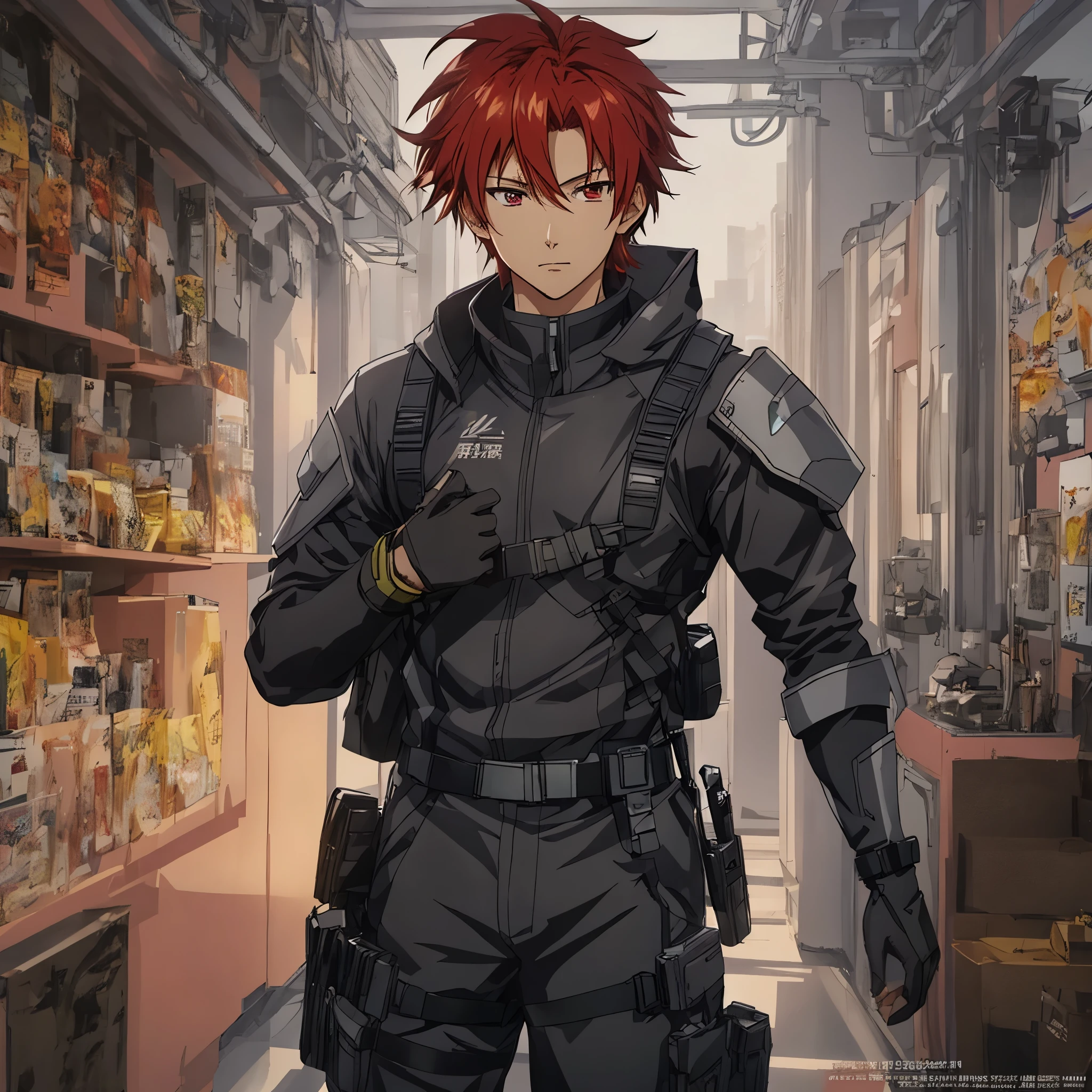 1 male, solo, red hair , anime character wearing combat suit, kaworu nagisa, anime handsome man, male anime character, tall anime guy with red eyes, hajime yatate, anime, fubuki, action anime pose, yukito kishiro, young anime man, official art, makoto kano, male anime style, masterpiece, rtx, ray tracing, highly detailed, best quality, official art