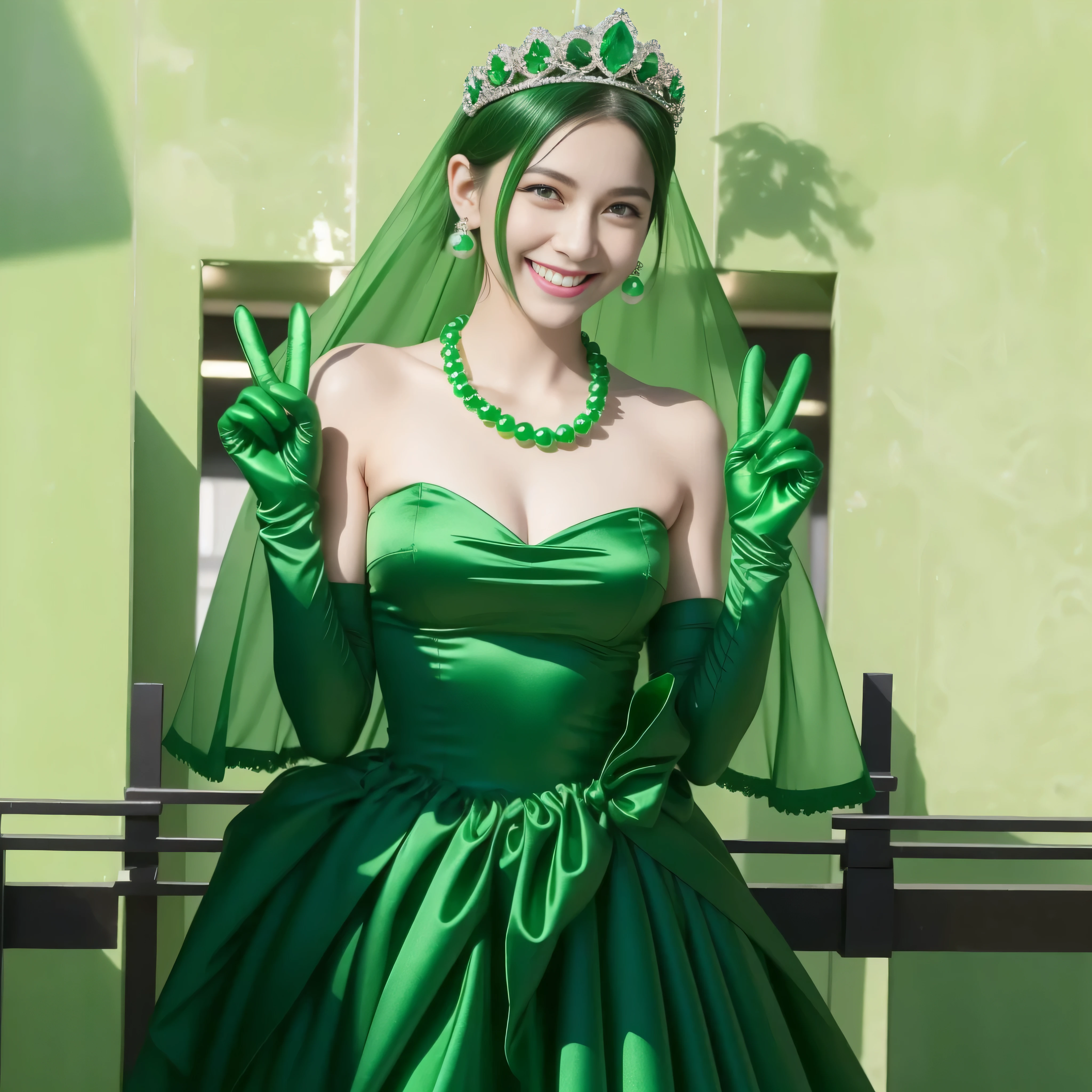 emerald tiara, Green Pearl Necklace, Boyish very short green hair, lipstick, Japan woman smiling, very short short hair, big breasts beautiful, green eyes, Long green gloves made of satin material, green eyes, v sign, Emerald Earrings, green vale