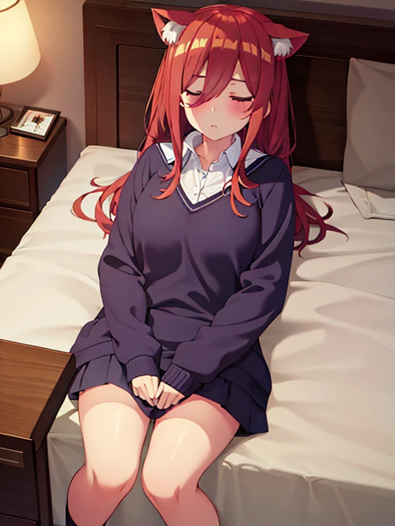 masterpiece, best quality, high resolution, 
(sleeping girl and cat), Lying on bed,1cat, fetal position, closed_eyes, 
school uniform, ミニスカート,白いパンティー,
top view, bed_sheet,add_detail:1,パンティー見えてる,