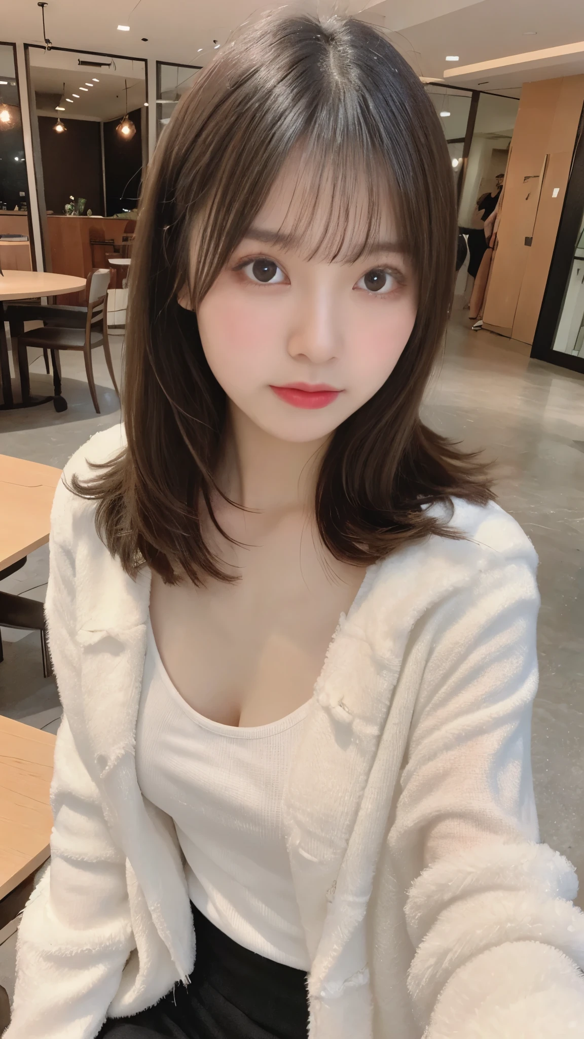 table top, highest quality, figure, super detailed, finely, High resolution, 8k wallpaper, 完璧なダイナミックな構figure, beautiful and fine eyes, woman's fashion fluffy winter clothes,medium hair,small breasts natural color lip, bold sexy pose、20 year old girl、cute、sexy shot looking at camera,RAW photo,anatomically correct body,blur the background,perfect and beautiful face,KPOP idol face,Slim face and body