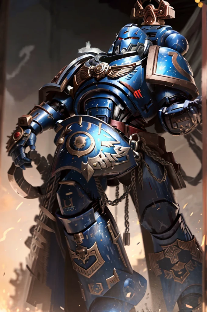 mature adult, illustration, of ultramarine, primaris, power armor, full armor, full metal armor, wearing intricate ornamented metal armor,   helmet,  glowing red eyes,
solo, (male:1.2), epic, full metal armor, captain armor, white pelvic curtain, bronze trimmings, tall stature, muscular, victirix helmet, 
((upper body:1.3)) focus, close-up,
