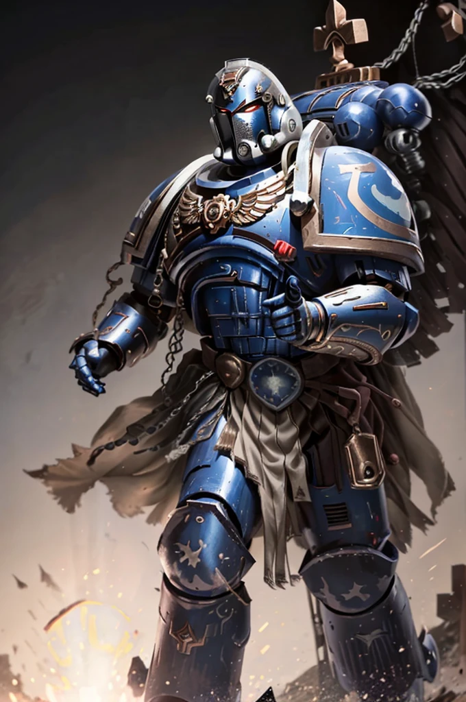 mature adult, illustration, of ultramarine, primaris, power armor, full armor, full metal armor, wearing intricate ornamented metal armor,   helmet,  glowing red eyes,
solo, (male:1.2), epic, full metal armor, captain armor, white pelvic curtain, bronze trimmings, tall stature, muscular, victirix helmet, 
((upper body:1.3)) focus, close-up,
