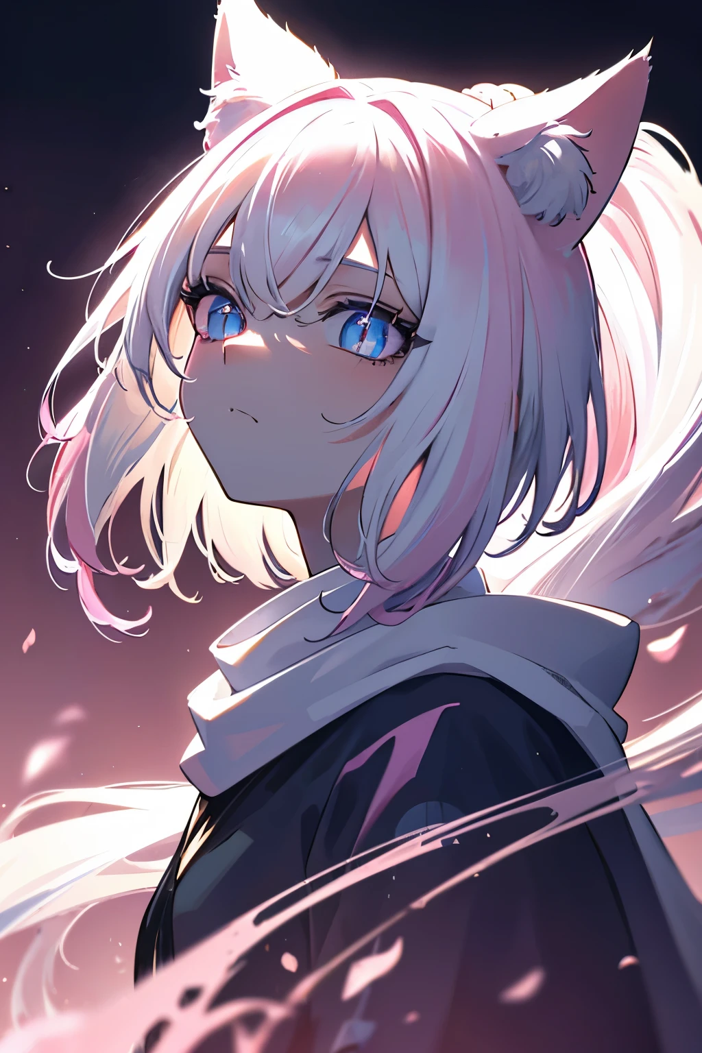 master masterpiece, 4k, highly detailed, anime style, HDR, subsurface scattering, cinematic light, (beautiful detailed eyes:1.6), extremely detailed face,  slender body, muscular, short height, teen, (half color hair) white hair, pink tips, ((white and pink theme)), short ponytail hair, pink eyes, bright neon pink eyes, scarf, cat ears, dark robe, Clear focus，hard lighting，vivd colour.