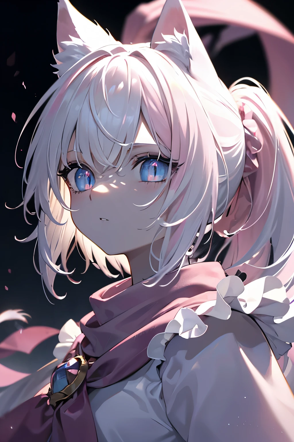 master masterpiece, 4k, highly detailed, anime style, HDR, subsurface scattering, cinematic light, (beautiful detailed eyes:1.6), extremely detailed face, ***********, slender body, muscular, short height, teen, white hair, pink tips, ((white and pink theme)), short ponytail hair, pink eyes, bright neon pink eyes, scarf, cat ears, dark robe, Clear focus，hard lighting，vivd colour.