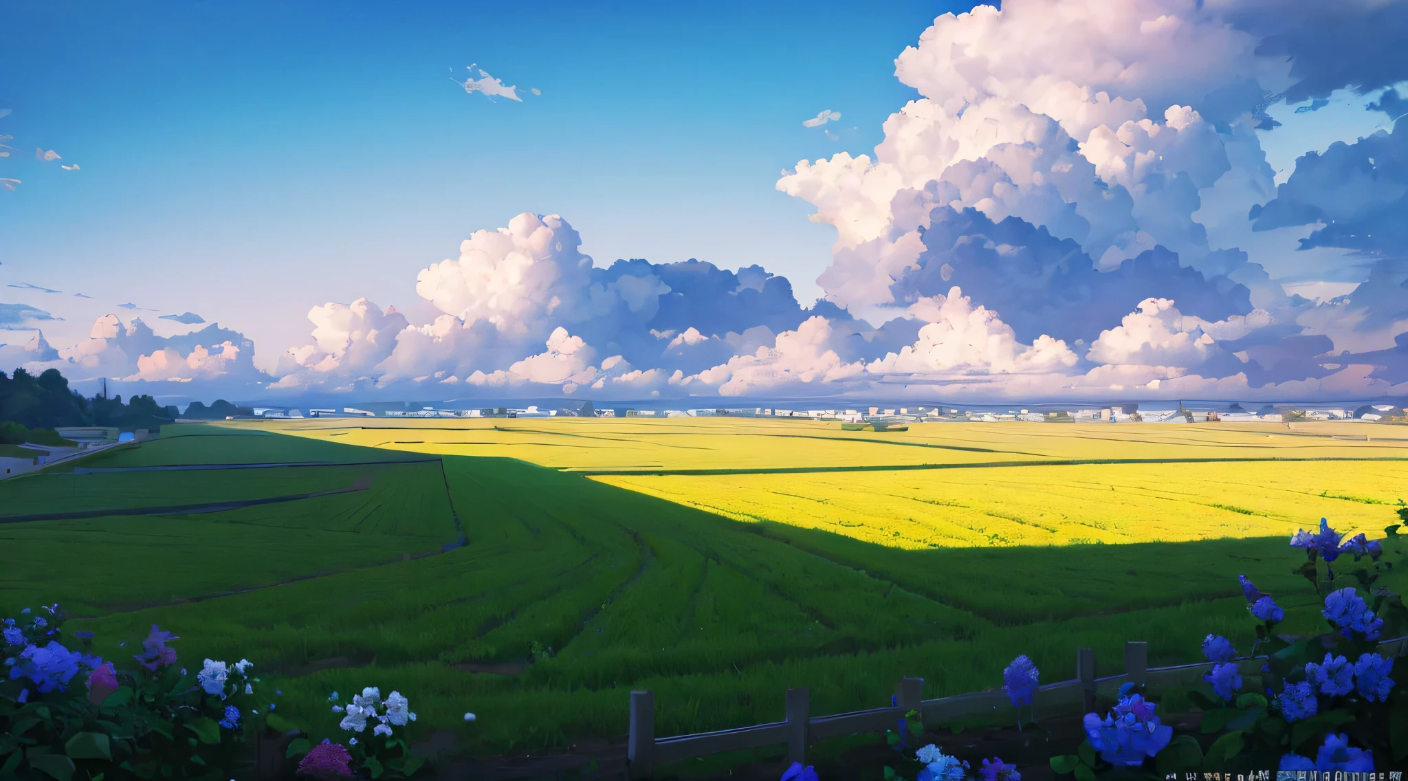rural,Blue sky and white clouds,Large tracts of farmland,Lots of fruits and vegetables,Realistic lighting,, HD details, Masterpiece, best quality, (High detail CG integrated 8k wallpaper), (top quality)