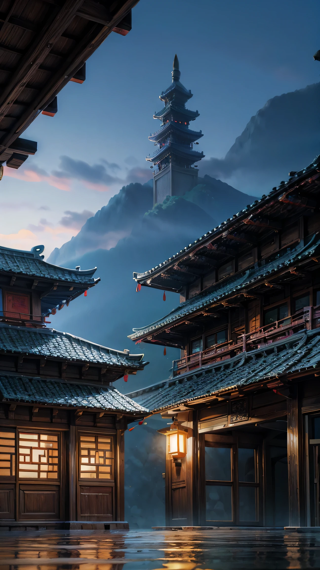 cloudy day，dark clouds，Chinese style庭院，Chinese style，Modeling tree，Beautiful scenery，4K