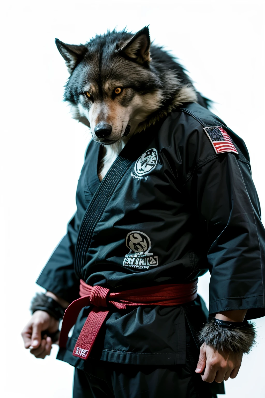 Angry WereWolf wearing a jiu jitsu kimono, black belt, hairy claws