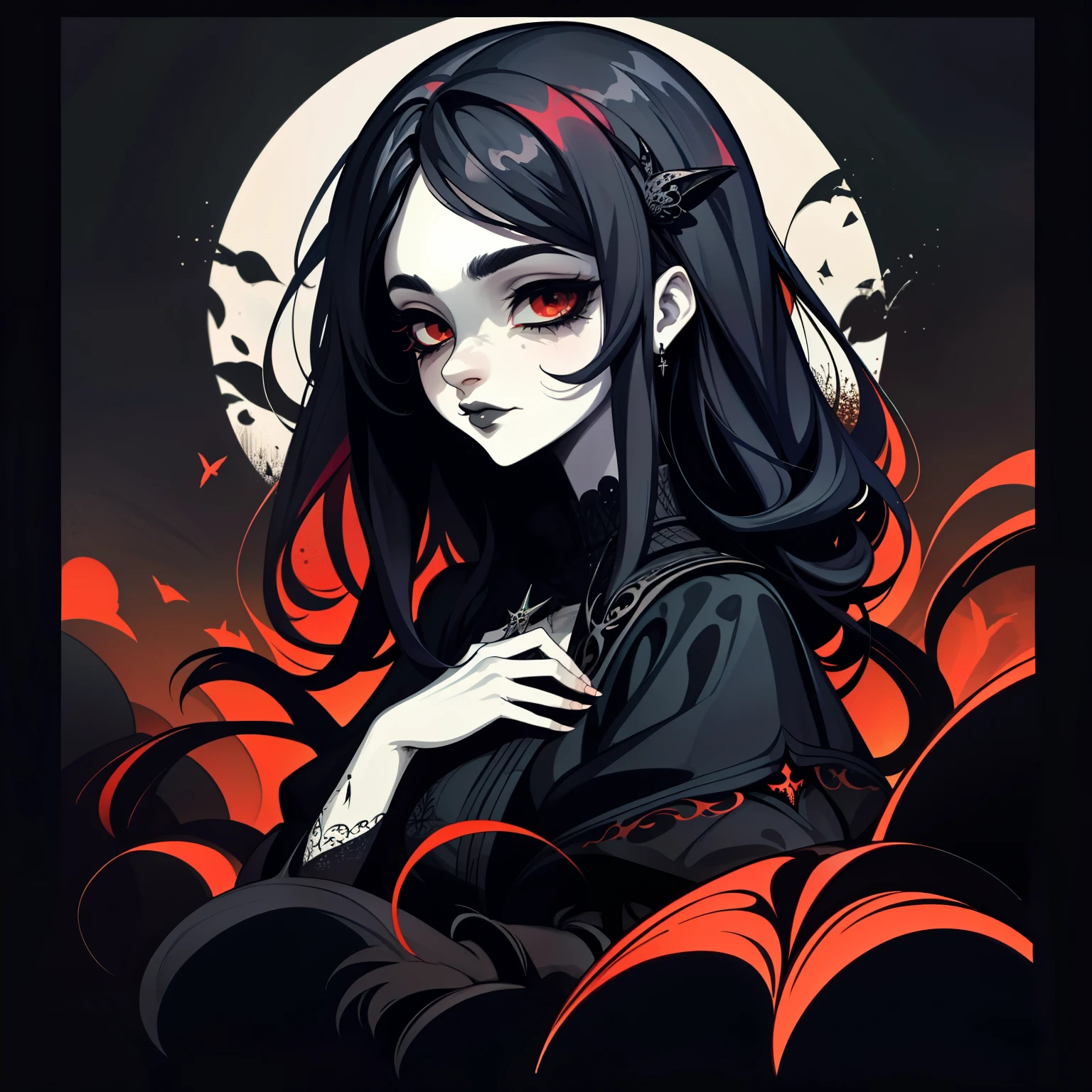 Girl anime Long curly black hair with red eyes,  Halloween background, Halloween theme, Cute, 3D