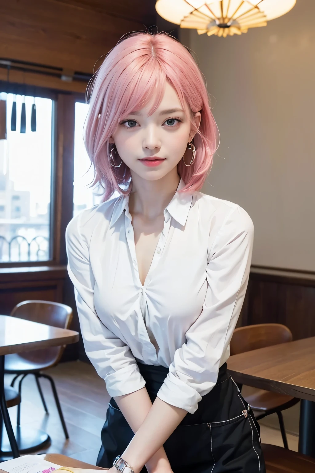 (64K, UHD, Top Quality, Masterpiece: 1.2), (Realistic, Photorealistic: 1.37), Super Detailed, Girl 1 Person, Cute, Solo, Beautiful Detailed Sky, Detailed Cafe, Night, Sitting, Date, (Blush), (Smile: 1.15), (Closed Mouth) Big, Tiger-like Face, Beautiful Fine Eyes, (Shirt with Collar: 1.1), Night, Office Clothes, White Lace, (Short Hair :1.2), (pink hair, purple eyes), floating hair NovaFrogStyle, topless,