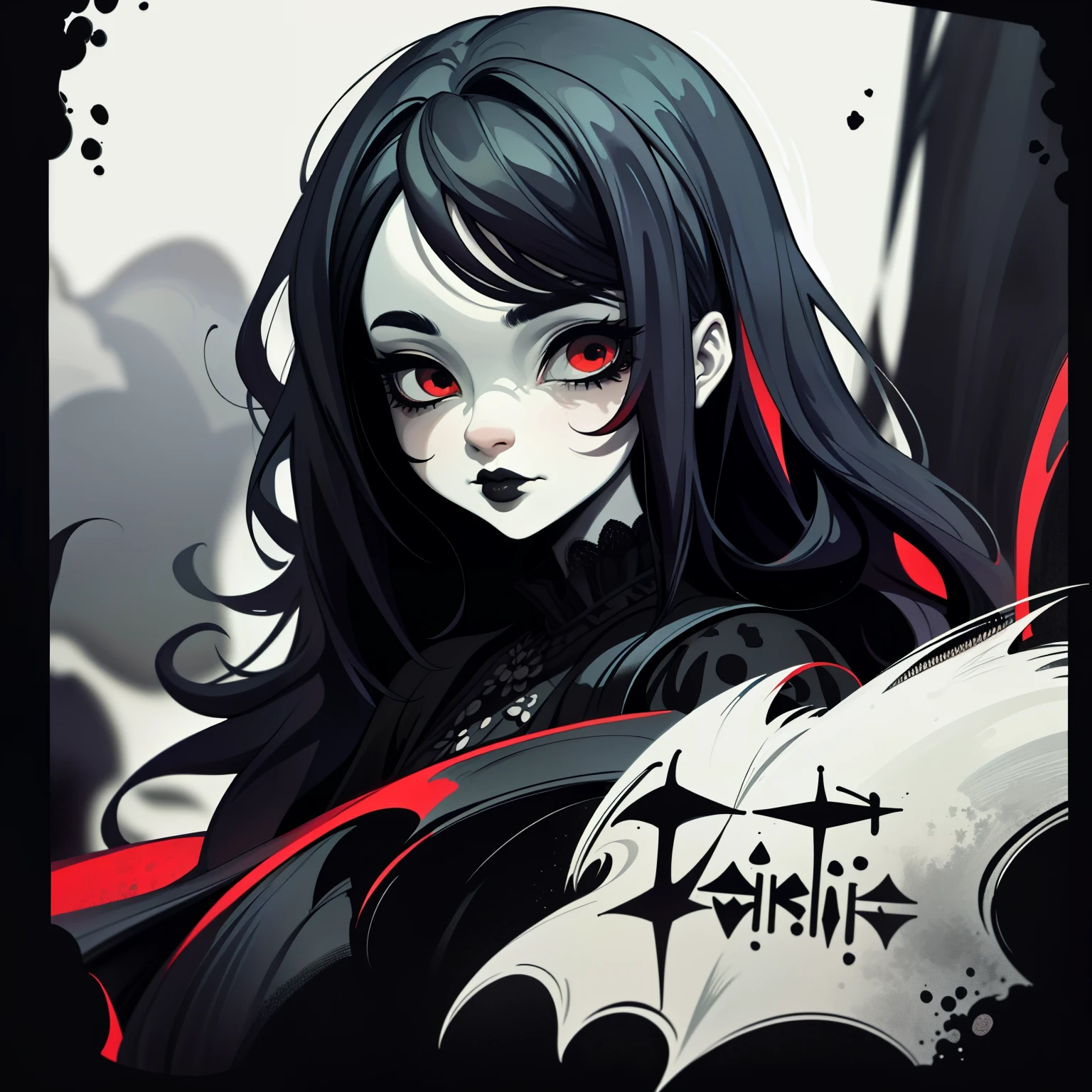 adhesivo,1 chica, fondo sencillo, retrato, chica con pelo largo, beautiful goth girl, gothic aesthetic, hermosa chica, very beautiful fantasy art, Beautiful and elegant female gothic, beautiful detailed fantasy, Paladar de color negro y rojo, Tema de color negro