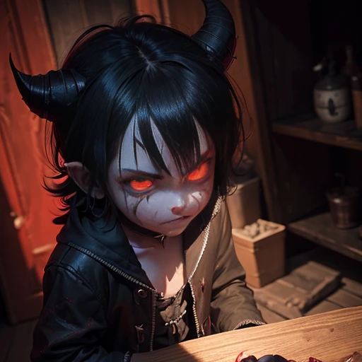 A demon child, with glowing red eyes and razor-sharp fangs, clad in tattered black clothing, stands defiantly in the dimly lit room. His horns curl menacingly above his forehead, and his clawed hands are balled into fierce fists. Despite his sinister appearance, a mischievous gleam dances within his eyes as he contemplates his next prank. The shadows around him seem to pulse with a malevolent energy, and the once pristine walls bear the scars of his unruly antics. The room, filled with the acrid smell of sulfur, is a clear indication that this is no ordinary child.