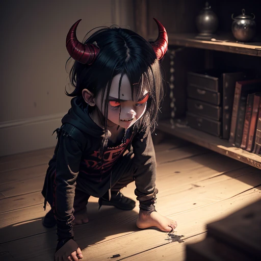 A demon , with glowing red eyes and razor-sharp fangs, clad in tattered black clothing, stands defiantly in the dimly lit room. His horns curl menacingly above his forehead, and his clawed hands are balled into fierce fists. Despite his sinister appearance, a mischievous gleam dances within his eyes as he contemplates his next prank. The shadows around him seem to pulse with a malevolent energy, and the once pristine walls bear the scars of his unruly antics. The room, filled with the acrid smell of sulfur, is a clear indication that this is no ordinary child