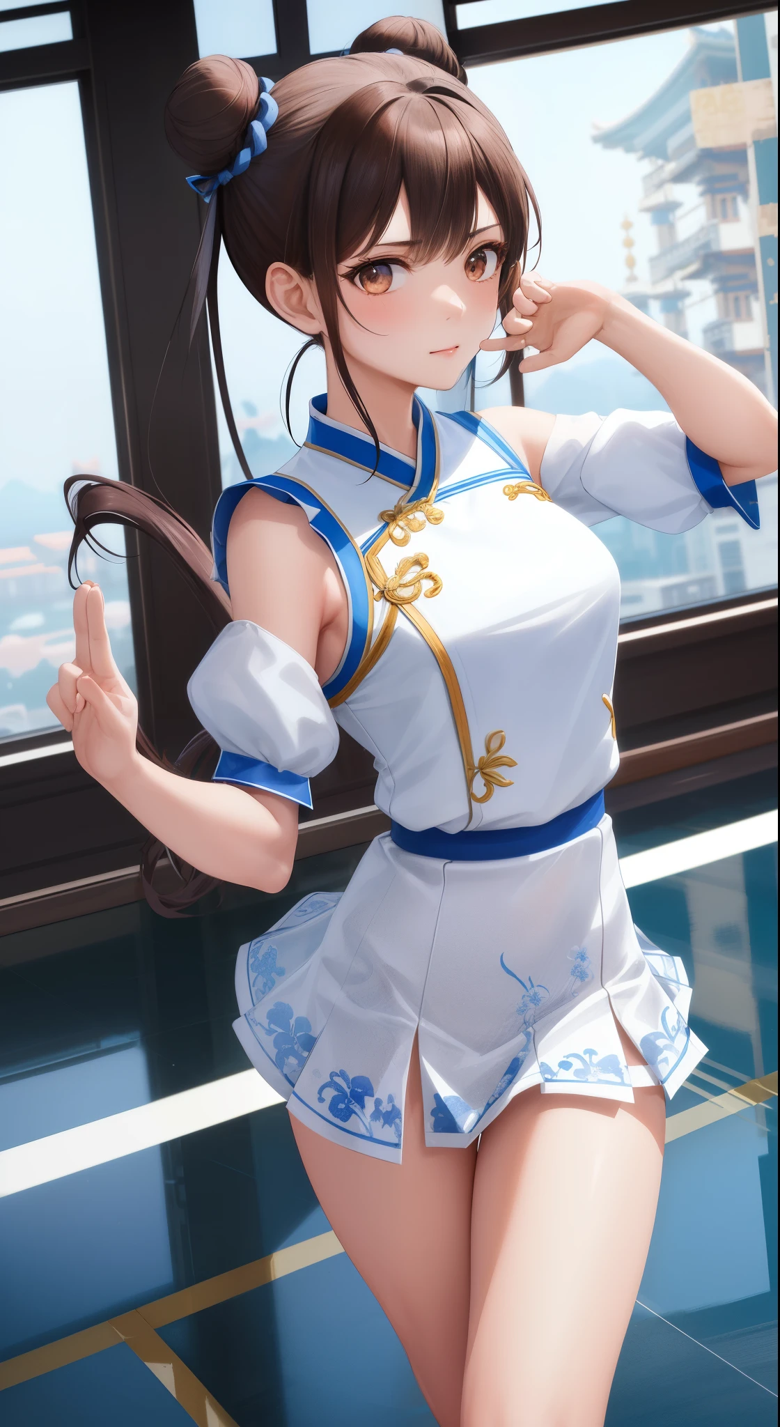 Paichang, Blue ribbon ponytail, brown eyes, double bun,bright hair,Kungfu pose standing, alone , , combat readiness, high kick、
Paiati,White Mini Cheongsam, band, mini skirt、white panties、, sleeve less,
marble floor, blue sky, cloudy, evening,
(Extremely detailed, beautiful detailed face, masterpiece, highest quality)