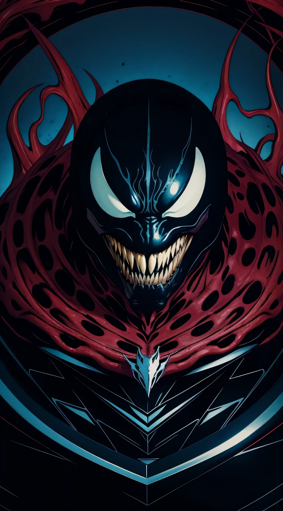 Venom from Marvel, Masterpiece, Best Quality, abstract, Psychedelic, dark, eerie, shadowy (geometric pattern), (creative:1.3), Sy3, SMM, fantasy00d