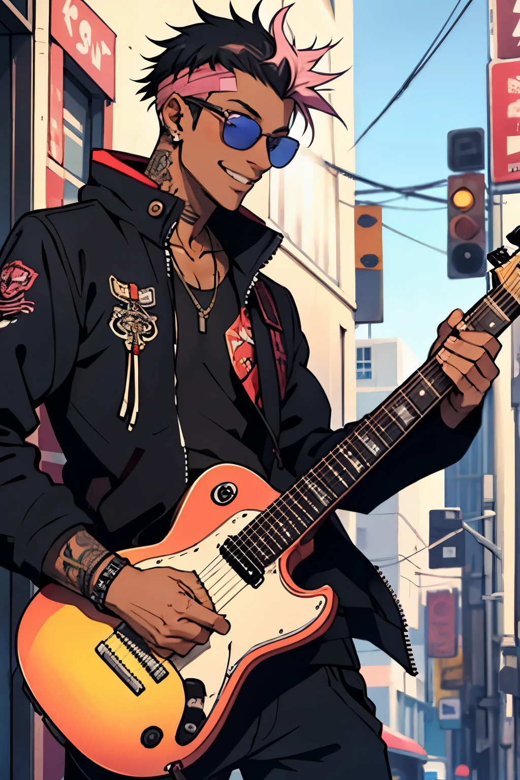 Black young man, punk clothes, cool sun glasses, punk hair, black hair, pink hair, piercings, tattoo, smile, guitar
