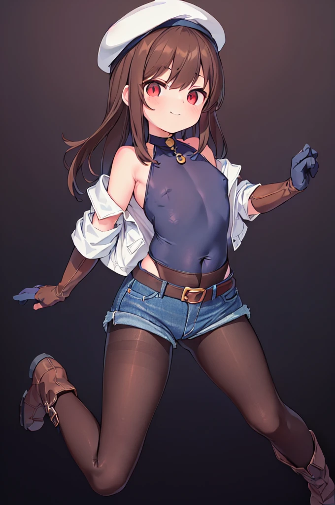 highest quality, extremely detailed, muste piece, 
(1 (full body figure):1.4), (small curvaceous loli(10 talents):1.3), (front facing pose), [belly fat:1.4], [muscular:1.4], (smirk1.1), (show teeth), 
(brown pantyhose(pantyhose up to navel):1.6), (Deep-rise folded denim shorts:1.3), (Beautiful folded shorts:1.3), 
(high neck innerwear(tight):1.6), (high neck innerwear(expose one&#39;s stomach:1.5)), (high neck innerwear(パンストand離れた:1.6)), 
(short sleeve jacketを着る:1.3), (short sleeve jacket(roll up sleeves):1.4), (mid blue long hair:1.5), (red eyes(Twinkling Eyes):1.3), (Slender stomach:1.4), cute legs, (puffy nipple:1.4), (small tits:1.4), 
(Long brown gloves that reach above the elbow:1.5)and(thimble rider gloves:1.2), (Simple belt-shaped black choker:1.3), (blue beret), 
(Cool boots that reach up to the calf:1.3),Serra, 