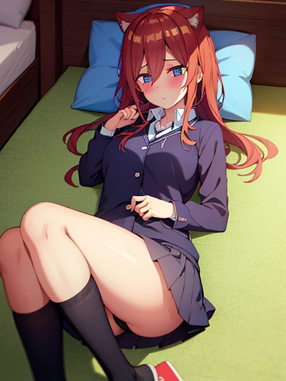 masterpiece, best quality, high resolution,
(sleeping girl and cat), Lying on bed,1cat, fetal position, closed_eyes,
school uniform, ミニスカート,白いパンティー,
top view, bed_sheet,add_detail:1,パンティー見えてる,