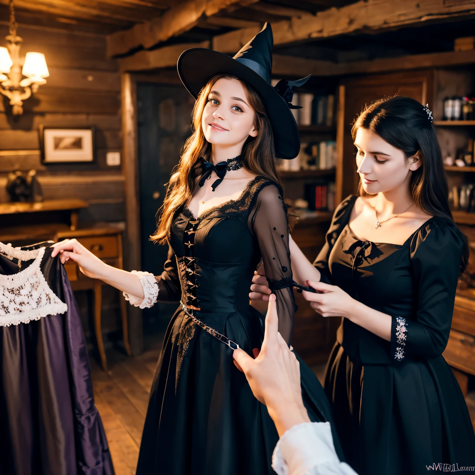 best quality,ultra-detailed,realistic,photorealistic,pink-eyed,long-haired girl looks happy,beautiful detailed eyes,beautiful detailed lips,long eyelashes,best quality portrait painting,detailed,physically-based rendering,ultra-fine painting,fine details,painting,a age boy has been magically transformed into a cute witch girl,gender bending,witches are helping dressing up the new girl,girl happily getting dressed in a stunning black victorian dress, physically-based rendering,gorgeous dress design,flowing gown,elaborate lace details,rich textures,contrast stitching,delicate ribbon bows,floral accents,full skirt,high neckline,long sleeves,fitted waistline,flared cuffs,lace-up back,luxurious fabrics,flawless silhouette,high heels, pink-eyed girl,effeminate face,pointy hat,long black hair,witches assisting in dressing up the new girl,promptly helps the girl getting dressed in a stunning black Victorian dress, in a wooden cabin with old furniture and occult symbol, high resolution, 4K, 8K