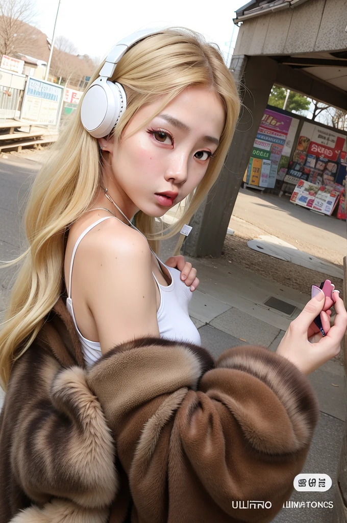 blond haired girl com fones de ouvido and fur coat posing for a picture, Ulzzang, coreana, com fones de ouvido, sakimichan, longos cabelos loiros e olhos grandes, parque roseanne de blackpink, cl, ava max, feminino peludo mini estilo fofo, Heonhwa Choe, korean idol, usando fones de ouvido de gato, longos cabelos loiros e olhos grandes