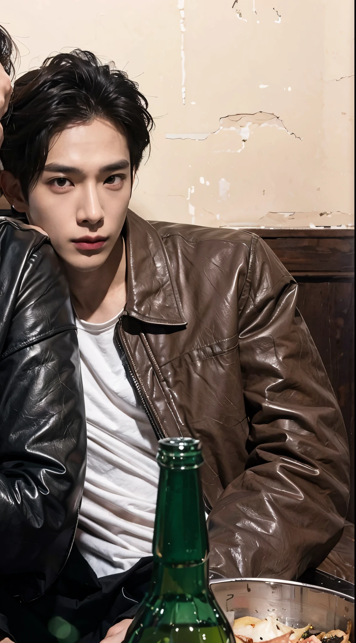 there is a man that is sitting down with a cell phone, Shinji, Marcos Lee, hyung tae, Kim Doyoung, inspirado em jeonseok lee, Hong junho hyung, adorable and pale korean face, taejune kim, lindo chad queixo, inspirado em Kim Myeong-guk, Shin Jeongho, Jimin\the right eyelid is swollenKim taehyung, rosto grande, 30 anos, barba pequena, bravo
