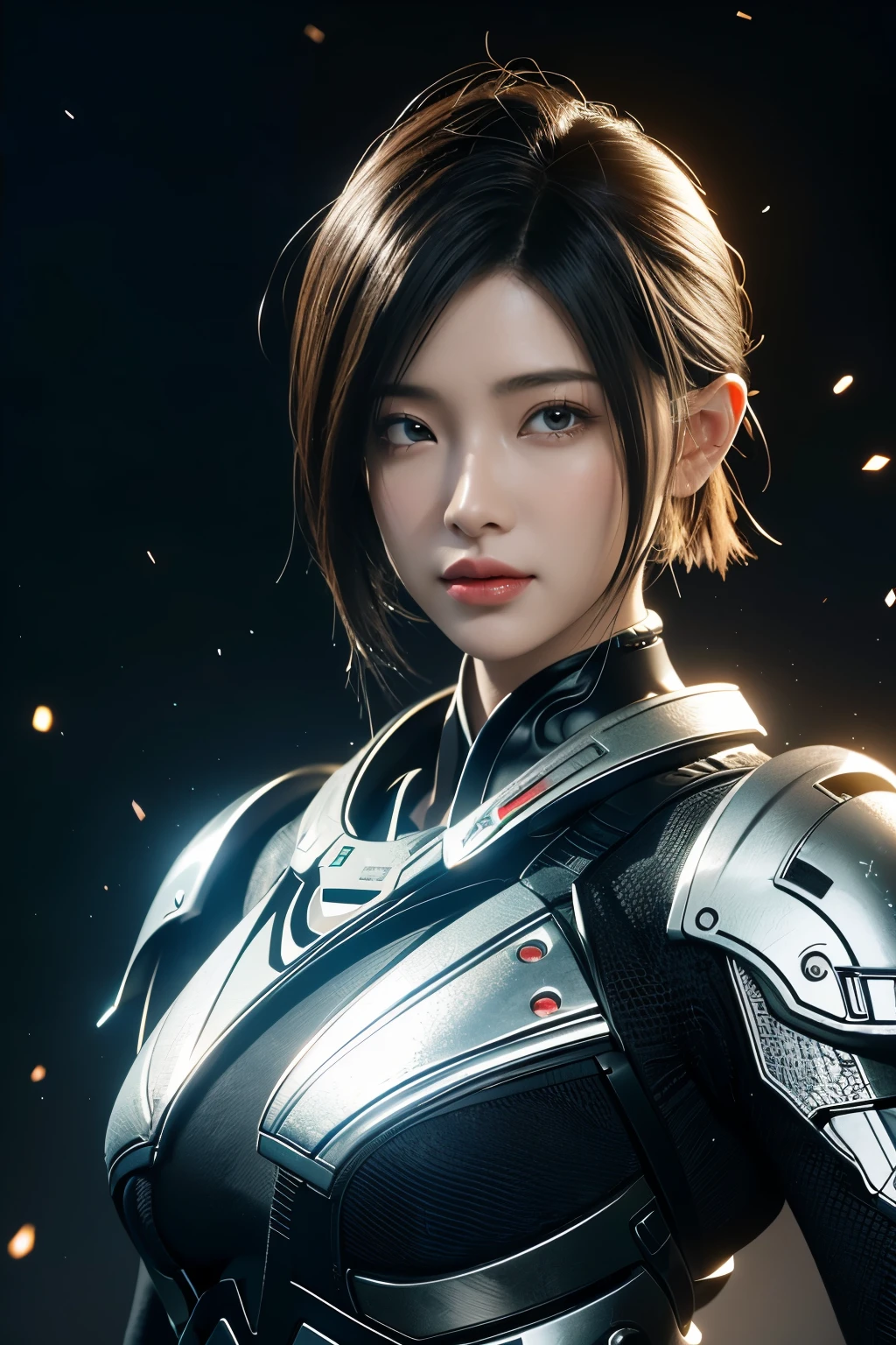 Game art,The best picture quality,Highest resolution,8K,((A bust photograph)),((Portrait)),(Rule of thirds),Unreal Engine 5 rendering works, (The Girl of the Future),(Female Warrior), 22岁少女,(Female hackers),(White short hair,Long hair casual),(A beautiful eye full of detail),(Big breasts),(Eye shadow),优雅迷人,冷漠,((惊讶)),(Battle wear full of futuristic tech,Clothing combines futuristic power armor and police uniforms,The garments are adorned with glittering patterns and badges),赛博朋克人物,未来风格, 拍照姿势,城市背景,Movie lights,Ray tracing,Game CG,((3D Unreal Engine)),oc渲染反射纹