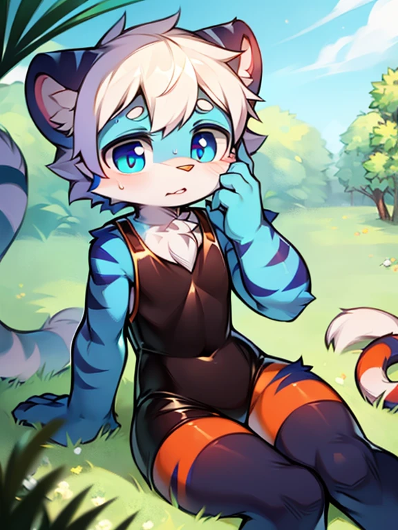 (4k,8k,best quality,meticulous details,Delicate light,Delicate short hair)(wet fur 1.4)Tiger cubs,White hair,dark blue pupils,There is something strange,surprise,touch your face,One-piece latex tights,big blue striped tail,Little fresh,sit on the grass,Shota