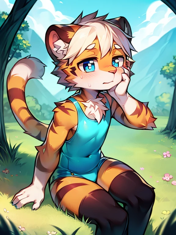 （4k，8k，best quality，meticulous details，Delicate light，Delicate short hair）（wet fur 1.4）Tiger cubs，White hair，dark blue pupils，There is something strange，surprise，touch your face，One-piece latex tights，big blue striped tail，Little fresh，sit on the grass，Shota