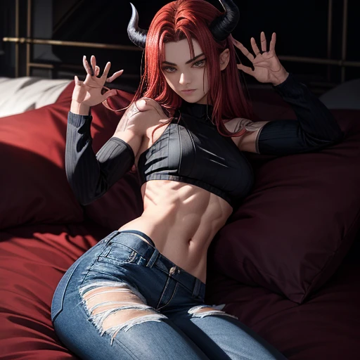 A age demon, 14 aurteen years old), lying on a bed with a menacing yet intriguing background. The demon's horns pierce through a cascade of fiery red hair, her piercing yellow eyes radiating an aura of mischief and power. Her outfit consists of a ripped black sweater and tight blue jeans, revealing her muscular form that defies her young age. Her clawed hands rest gently on her stomach, showing off her intricately detailed tattoos encircling her arms. The room is filled with a shadowy, otherworldly atmosphere, adding to the enigma of this captivating teenager de
(art