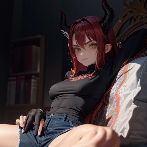 A teenage demon, anos (Fo lying on a bed with a menacing yet intriguing background. The demon's horns pierce through a cascade of fiery red hair, her piercing yellow eyes radiating an aura of mischief and power. Her outfit consists of a ripped black sweater and tight blue jeans, revealing her muscular form that defies her young age. Her clawed hands rest gently on her stomach, showing off her intricately detailed tattoos encircling her arms. The room is filled with a shadowy, otherworldly atmosphere, adding to the enigma of this captivating teenager demon.
(art
