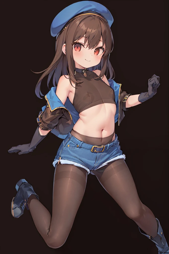 highest quality, extremely detailed, muste piece, 
(1 baby girl(full body figure):1.4), (small curvaceous (10 talents):1.3), (front facing pose), [belly fat:1.4], [muscular:1.4], (smirk1.1), (show teeth), 
(brown pantyhose(pantyhose up to navel):1.6), (Deep-rise folded denim shorts:1.3), (Beautiful folded shorts:1.3), 
(high neck innerwear(tight):1.6), (high neck innerwear(expose one&#39;s stomach:1.5)), (high neck innerwear(パンストand離れた:1.6)), 
(short sleeve jacketを着る:1.3), (short sleeve jacket(roll up sleeves):1.4), (mid blue long hair:1.5), (red eyes(Twinkling Eyes):1.3), (Slender stomach:1.4), cute legs, (puffy nipple:1.4), (small tits:1.4), 
(Long brown gloves that reach above the elbow:1.5)and(thimble rider gloves:1.2), (Simple belt-shaped black choker:1.3), (blue beret), 
(Cool boots that reach up to the calf:1.3),Serra, 