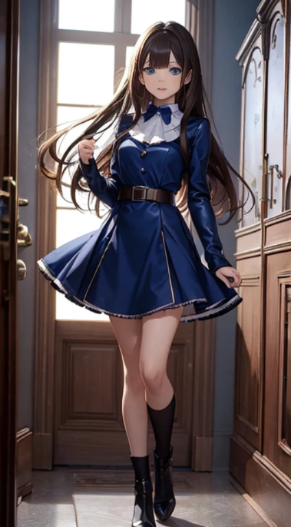 masterpiece++, best quality++, ultra-detailed+, extremely detailed++, 4K, 8K+, best quality, beautiful+, anime style,1person,full body image,room,blue mimi onepiece dress,white collar,leather belt,tight belt,beautiful straight brown hair,beautiful blue eyes, beautiful eyes++,long straight hair