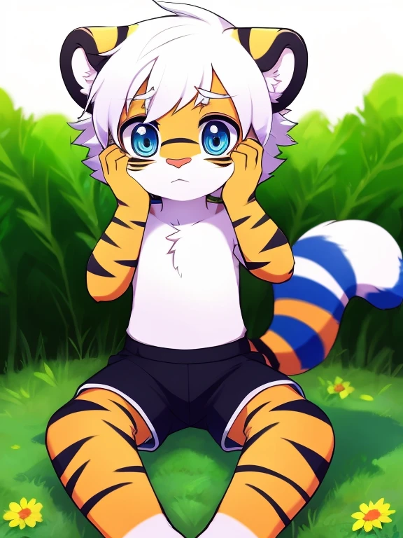 （4k，8k，best quality，meticulous details，Delicate light，Delicate short hair）（wet fur 1.4）Tiger cubs，White hair，dark blue pupils，There is something strange，surprise，touch your face，black shorts，big blue striped tail，Little fresh，sit on the grass，Shota