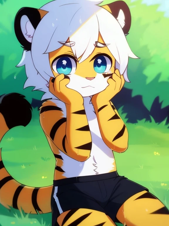 （4k，8k，best quality，meticulous details，Delicate light，Delicate short hair）（wet fur 1.4）Tiger cubs，White hair，dark blue pupils，There is something strange，surprise，touch your face，black shorts，big blue striped tail，Little fresh，sit on the grass，Shota