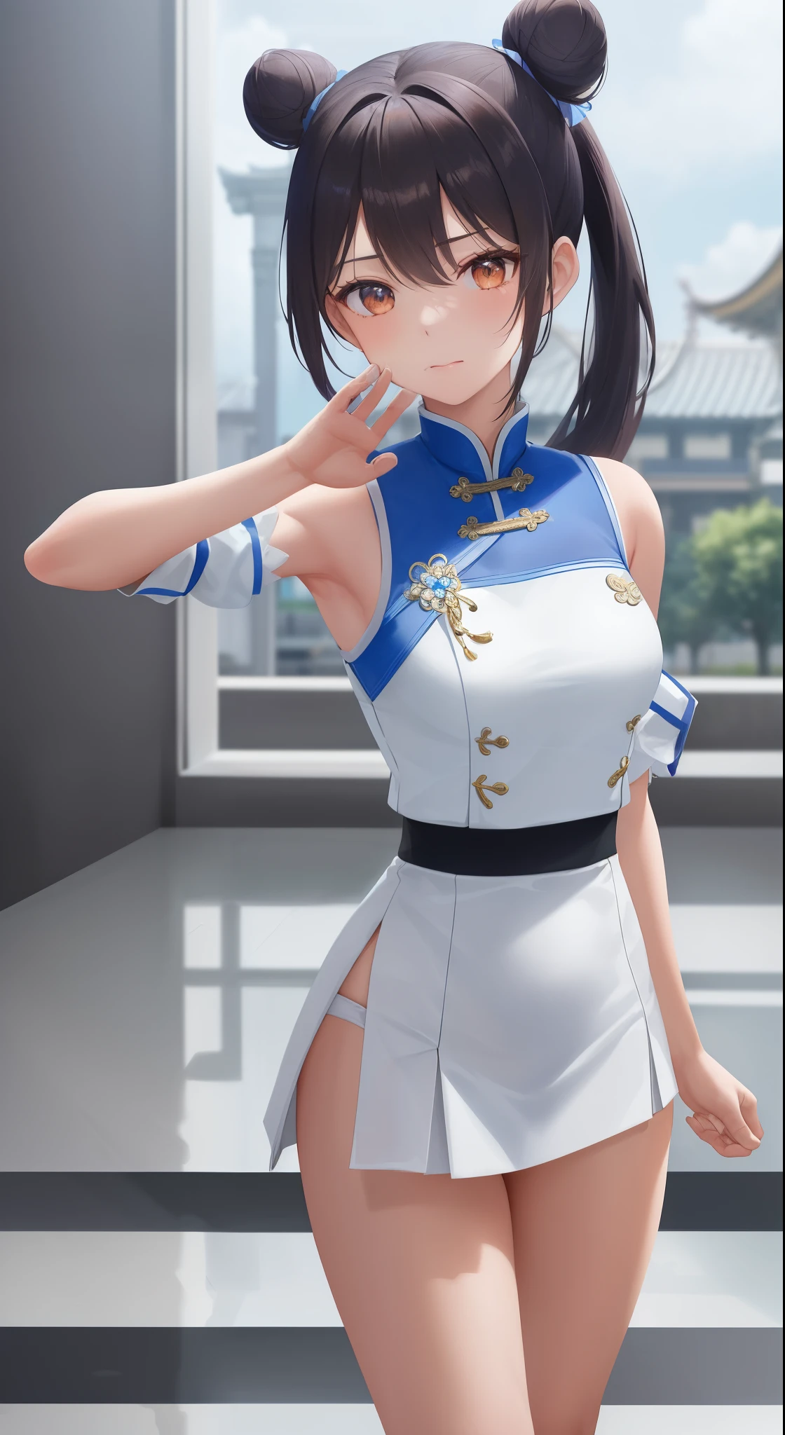 Pleasant expression, blue eyes