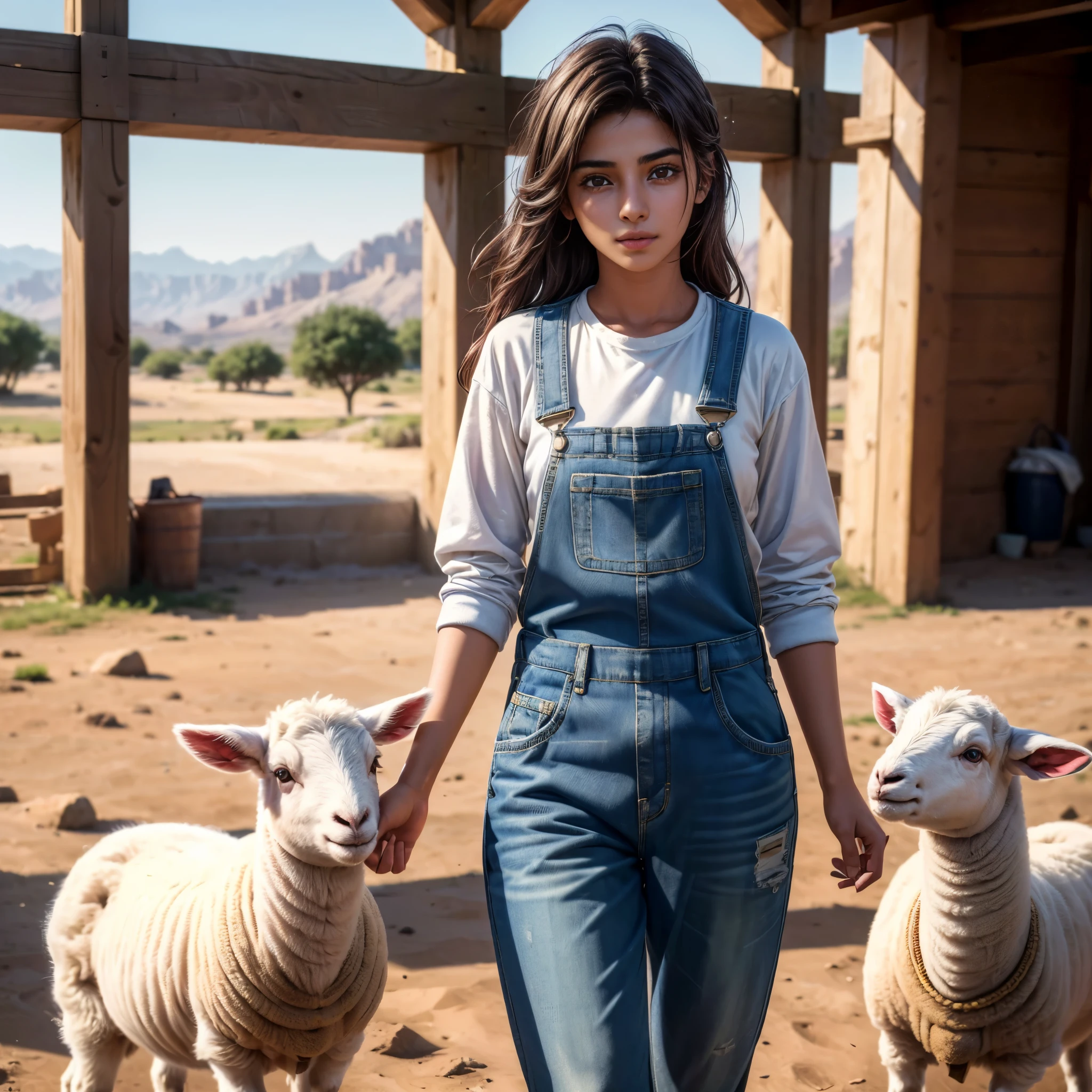 (best quality,4k,8k,highres,masterpiece:1.2),ultra-detailed, Middle eastern, tomboy, farmgirl, college student, pr1y4nk4, 20 years old, overalls, caring for a lamb, HDR, 8k, absurdres, cinestill 800, sharp focus, add_detail:2