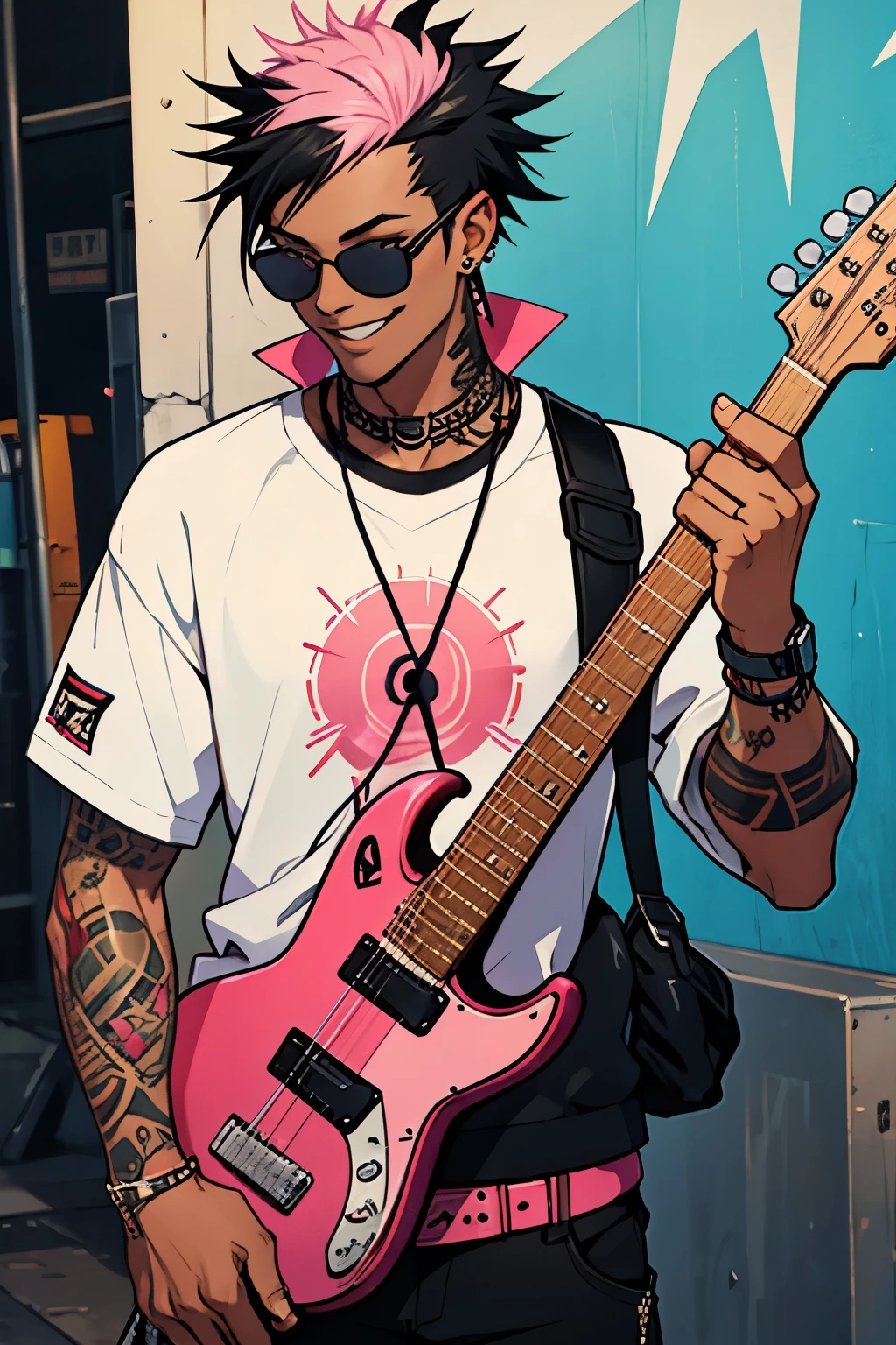 Black young man, punk clothes, cool sun glasses, punk hair, black hair, pink hair, piercings, tattoo, smile, guitar