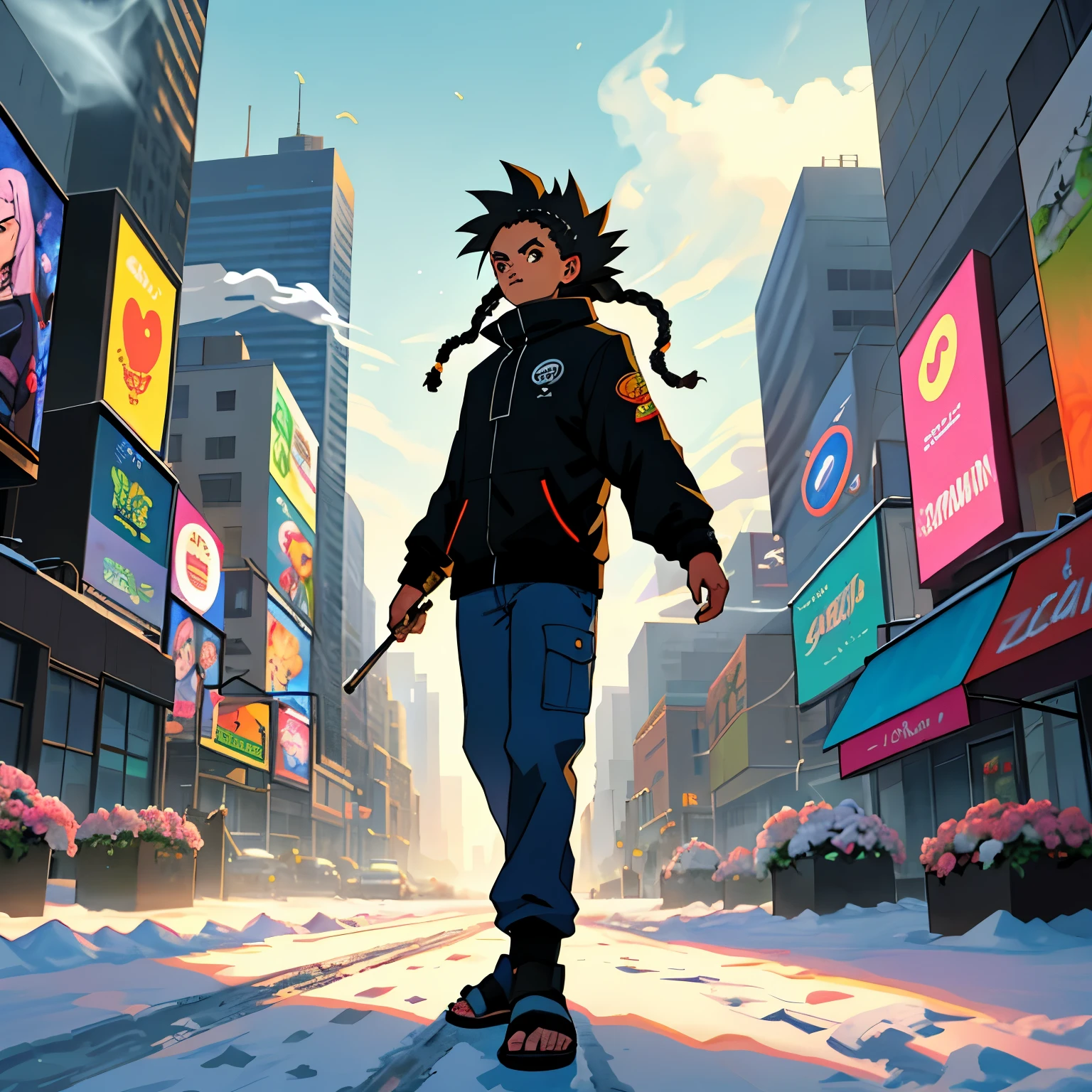 best quality, serious,winter, sun, New York City streets, swell sea, buildings, snowy sky, near time square, young boy standing on the concrete sidewalk, beams of light illuminating his face, luiz nos olhos, cabelo longo negro com dreads, cabelo ondulado, pele bronzeada, garota linda de pele preta e cabelo cacheado de bikini ao seu lado, casal, homem e mulher, smoking a marijuana cigarette burning the ember releasing the smoke up, anime style, dragon ball z, naruto, hunter x hunter, snow particles and cold air in the air, mystical, mysterious, natural atmosphere, flowers, city streets in the background