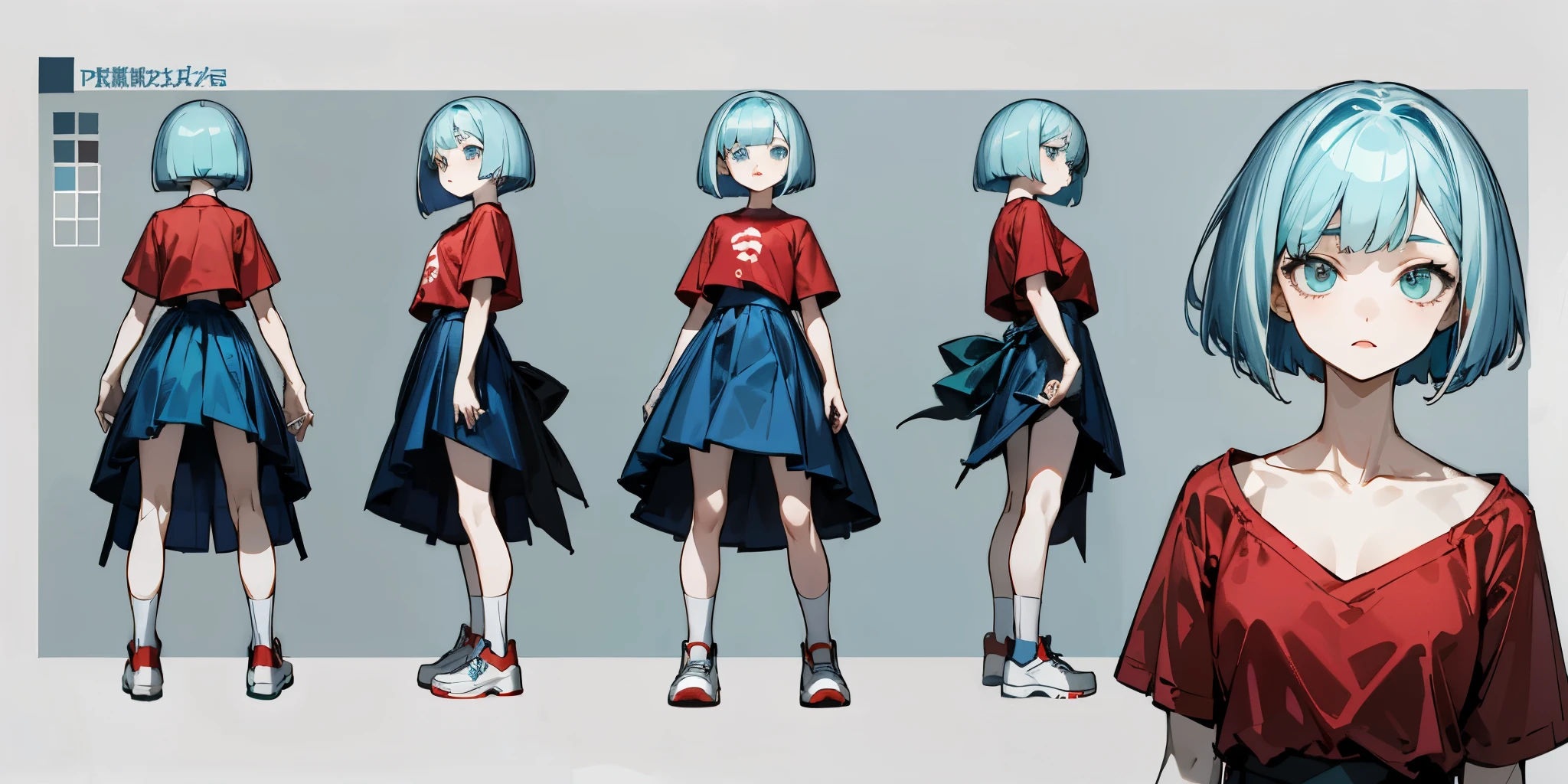 1girl, pale skin, aqua eyes, light blue hair, bob cut, red t-shirt, blue skirt, white socks, red sneaker, anime style, reference sheet