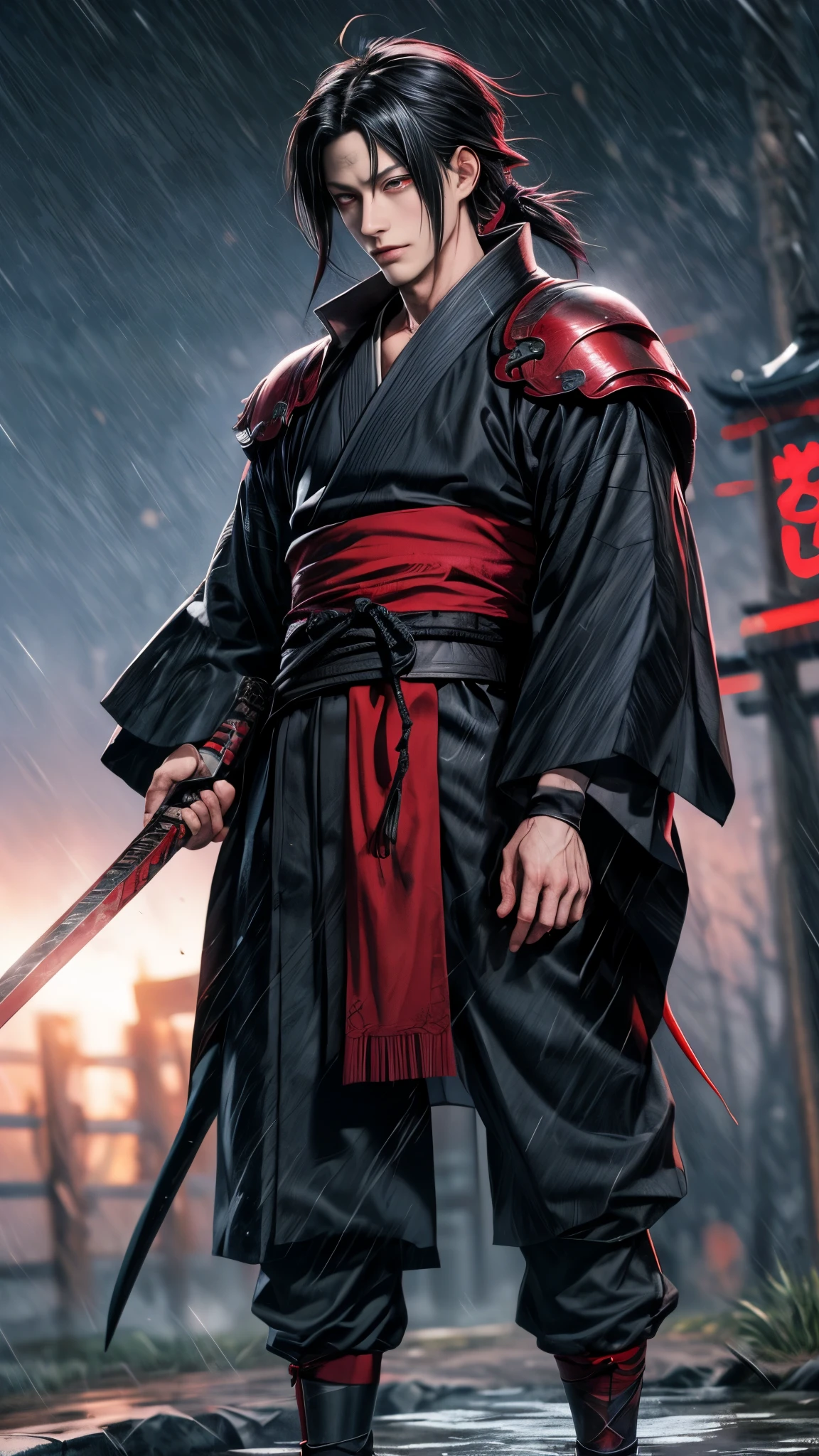 Uchiha Madara red eyes with red zirah armor and samurai sword in hand standing in the rain, inspired by Kanō Sanraku, inspired by Kanō Hōgai, samurai man vagabond, itachi uchiha, itatchi uchiha, inspired by Tōshūsai Sharaku, akatsuki akira, urban samurai, from kenshin, madara uchiha extreme realistic 