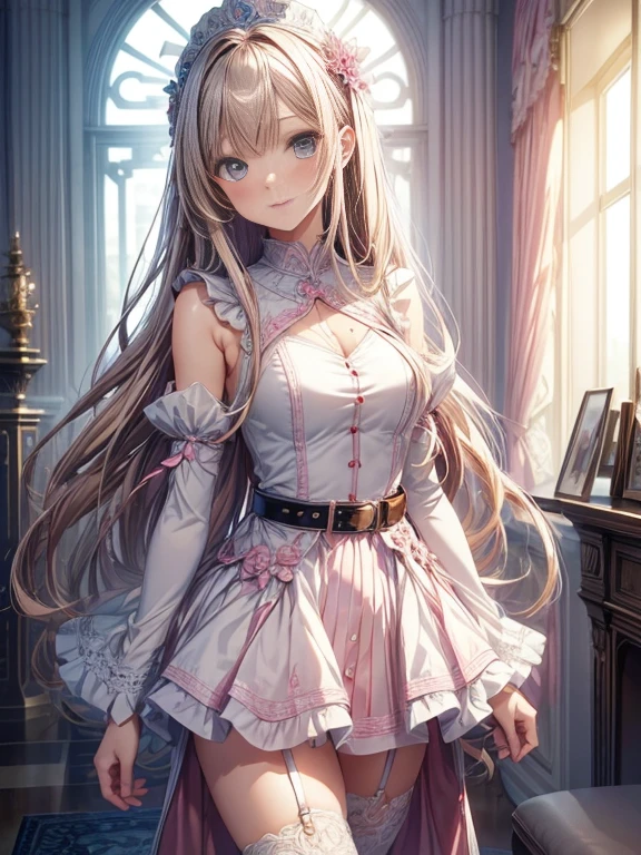 masterpiece++, best quality++, ultra-detailed+, extremely detailed++, 4K, 8K+, best quality, beautiful+, anime style,1person,full body image,room,pink girly mimi onepiece dress,white collar,leather belt,tight belt,beautiful straight brown hair,beautiful blue eyes, beautiful eyes++,long straight hair