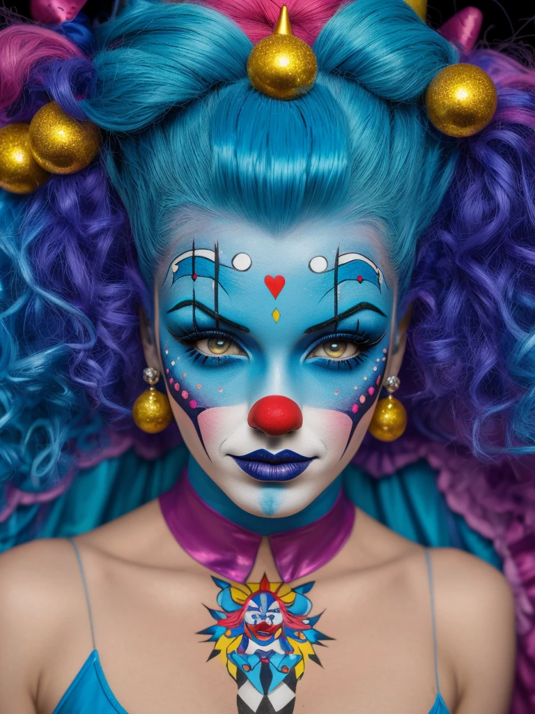 painting of a woman with blue hair and clown makeup on her face, pop art painting, cartoon style, Anne Stokes, pop surrealism, ultra detailed photography, high resolution, 16k, photo within frame,