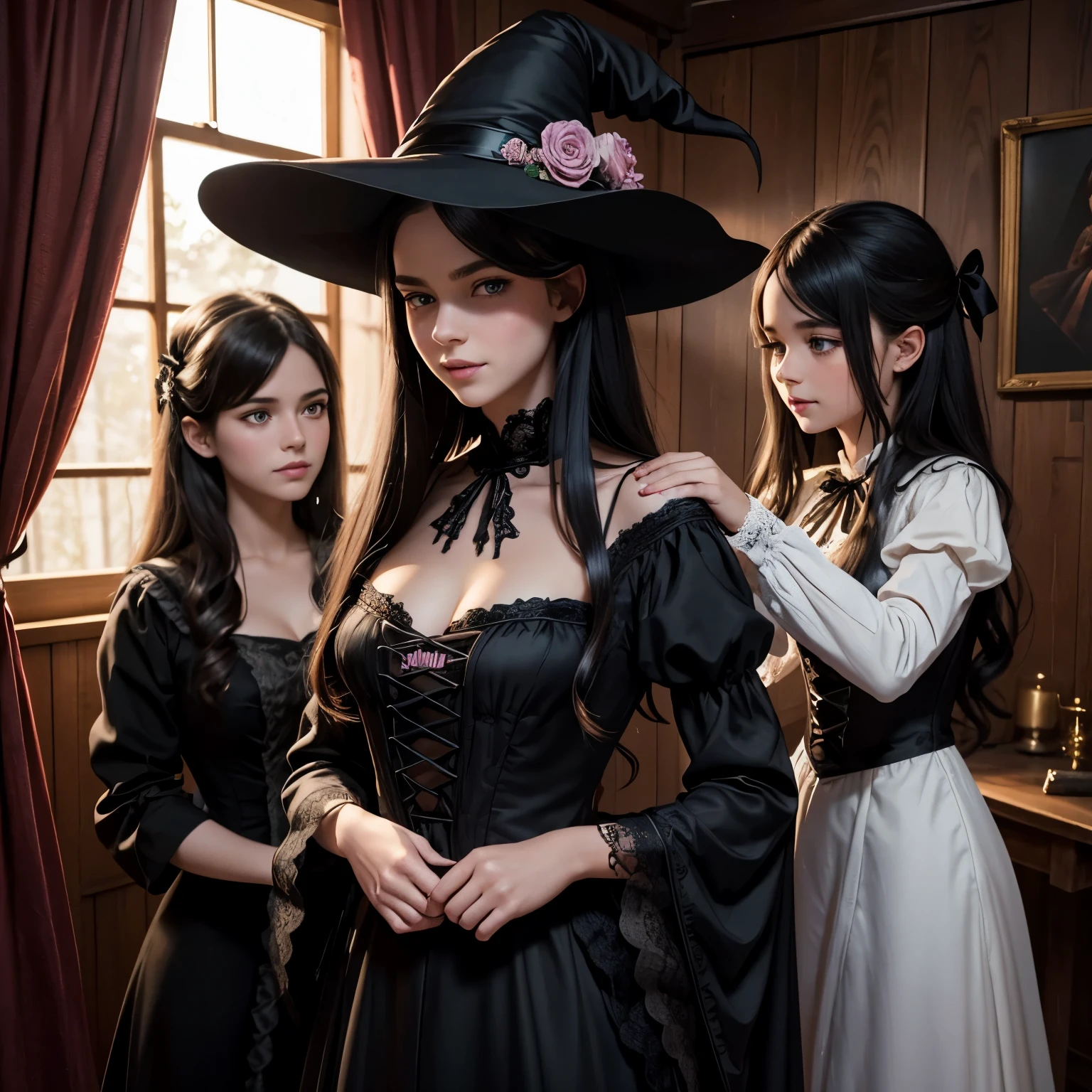 best quality,ultra-detailed,realistic,photorealistic,pink-eyed,long-haired girl looks happy,beautiful detailed eyes,beautiful detailed lips,long eyelashes,best quality portrait painting,detailed,physically-based rendering,ultra-fine painting,fine details,painting,a teenage boy has joined a witch coven and gets magically transformed into a cute teenage witch girl,gender bending,witches are helping dressing up the new girl, who’s happily getting dressed in a stunning black victorian dress, physically-based rendering,gorgeous dress design,flowing gown,elaborate lace details,rich textures,contrast stitching,delicate ribbon bows,floral accents,full skirt,high neckline,long sleeves,fitted waistline,flared cuffs,lace-up back,luxurious fabrics,corset,flawless silhouette,high heels, pink-eyed girl,effeminate face,pointy hat,long black hair,witches assisting in dressing up the new girl,promptly helps the new girl getting dressed in a stunning black Victorian dress, in a old abandoned castle with worned out furniture and occultist witch symbol, high resolution, 4K, 8K